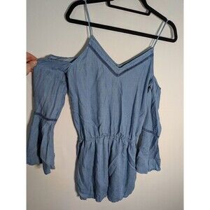 Design Lab Lord & Taylor Blue Romper Cold Shoulder Lyocell S Petite denim shorts